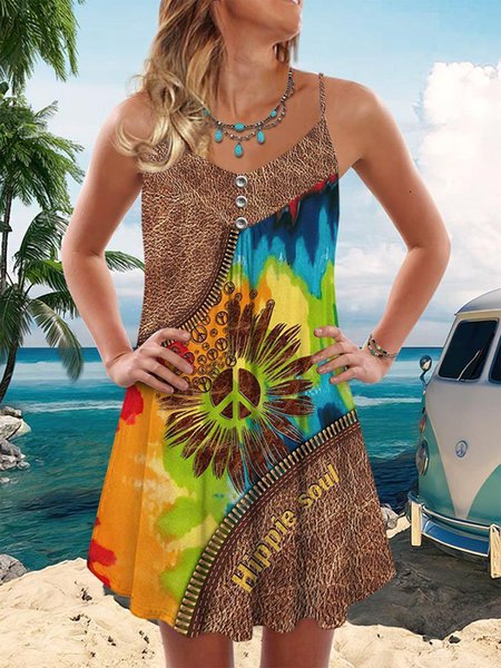 

Vacation Buttoned Ombre Sunflower Dresses, Multicolor, Dresses
