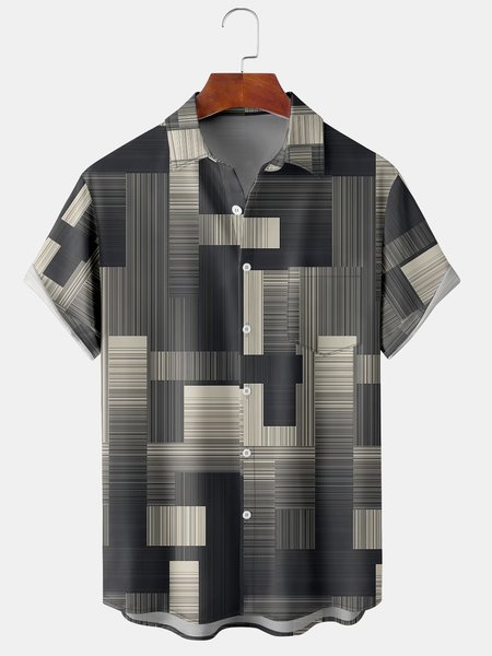 

Men's Geometric Print Casual Short Sleeve Hawaiian Shirt with Chest Pocket, Black, Men's Floral shirt