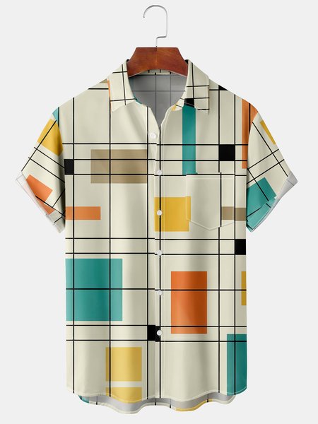 

Men's Geometric Print Casual Short Sleeve Hawaiian Shirt with Chest Pocket, Apricot, Men's Floral shirt