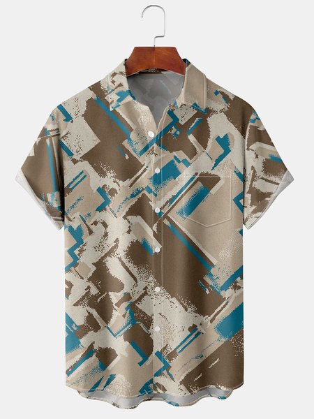 

Men's Geometric Print Casual Short Sleeve Hawaiian Shirt with Chest Pocket, Coffee, Men's Floral shirt