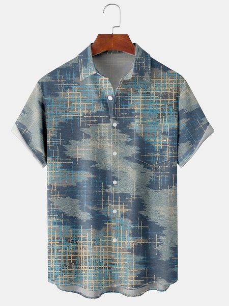 

Men's Geometric Print Casual Short Sleeve Hawaiian Shirt with Chest Pocket, Blue, Men's Floral shirt