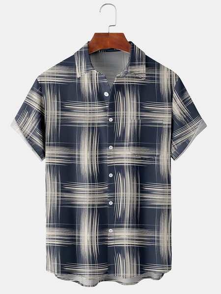 

Men's Geometric Print Casual Short Sleeve Hawaiian Shirt with Chest Pocket, Navyblue, Men's Floral shirt