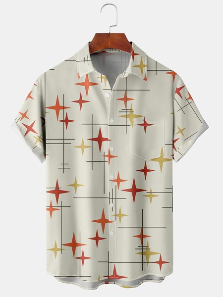 

Men's Geometric Print Casual Short Sleeve Hawaiian Shirt with Chest Pocket, Apricot, Men's Floral shirt