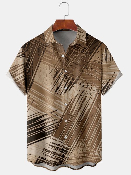 

Men's Geometric Print Casual Short Sleeve Hawaiian Shirt with Chest Pocket, Khaki, Men's Floral shirt