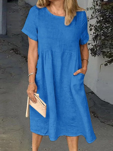 

Casual Cotton And Linen Loose Short Sleeve Dress, Blue, Dresses