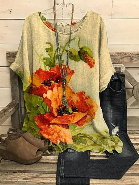 

Casual Loose Crew Neck Floral Design T-Shirt, Yellow, Shirts & Blouses