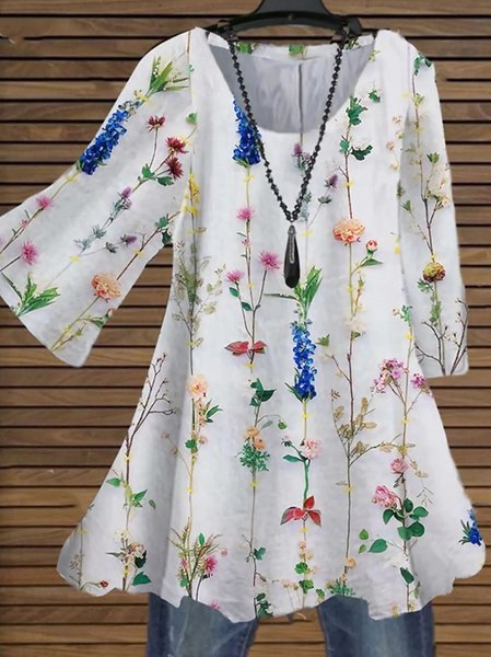 

Summer Floral Design Loose Crew Neck Top, White, Tunics