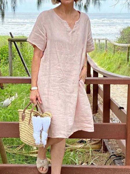 

Casual Cotton Linen Short Sleeve Loose Dress, Pink, Dresses