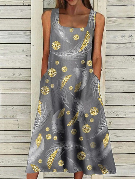 

Casual Loose Gold Feather Print Resort Sleeveless Midi Dress, Gray, Dresses