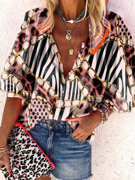 

Print Striped PolkaDot V-Neck 3/4 Sleeves Casual Blouses, Multicolor, Shirts & Blouses