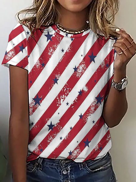 

American Flag Striped Stars Crew Neck Casual T-Shirt, Red, T-shirts