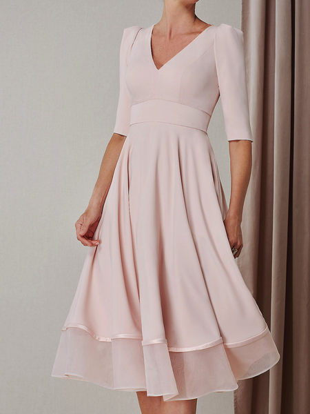 

Summer V neck High Short sleeve Stretch Plain Fit and FlareX Dresses, Pink, Midi Dresses