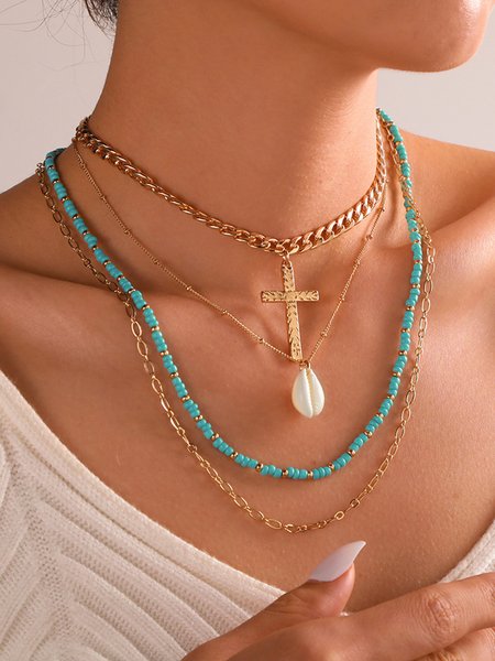 

JFN Boho Resort Beach Rice Beads Shell Cross Layered Necklace, Golden, Necklaces
