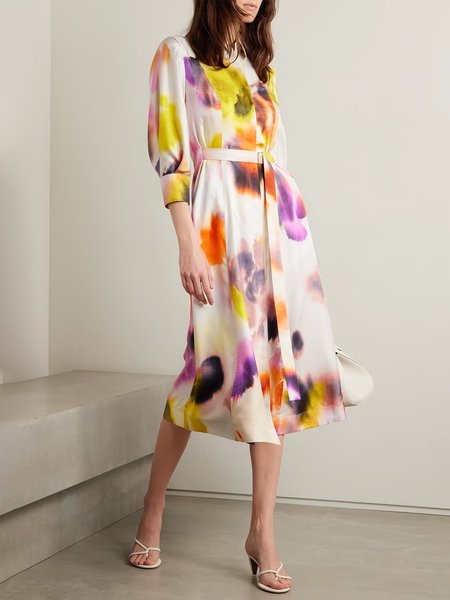 

Loosen Elegant Shirt Collar Abstract Midi Dress, Multicolor, Midi Dresses