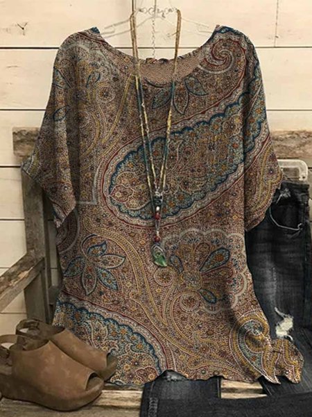 

JFN Crew Neck Paisley Vintage Vacation Batwing Sleeve Slit Loose Tops, Camel, Shirts & Blouses