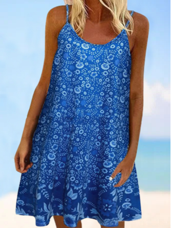 

Loosen Floral Crew Neck Dresses, Blue, Dresses