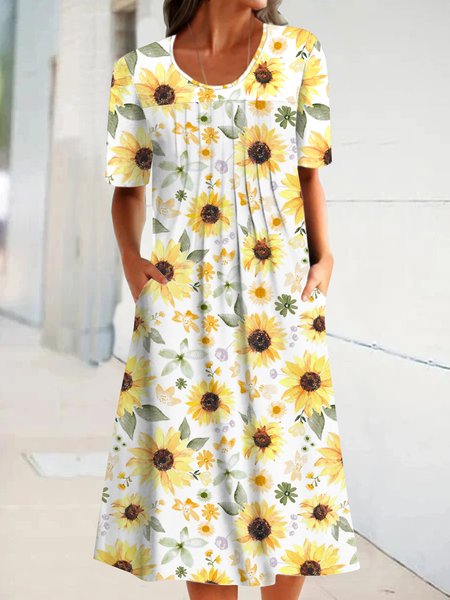 

Sunshine sunflower pocket a hem midi Dress Plus Size, Yellow, Dresses