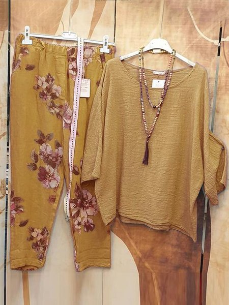 

Cotton leprosy leisure holiday flower T-shirt elastic waist pocket pants two piece set plus size, Khaki, Suit Set