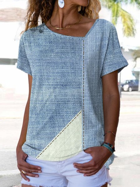 

Regular Fit Casual Asymmetrical Neck Short Sleeve Tops, Blue, Tees & T-shirts
