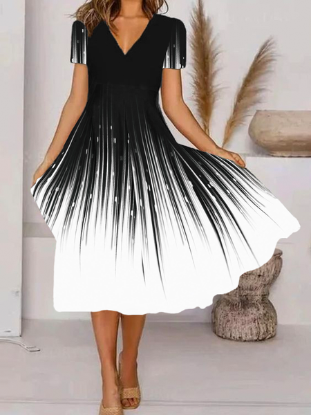 

V Neck Casual Abstract Printed Short Sleeve Dress, Black, Dresses