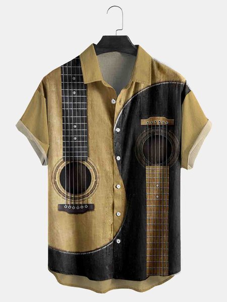 

Cotton Linen Music Print Casual Short Sleeve Shirt, As picture, Men's Floral shirt