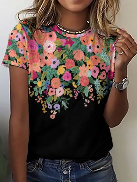 

Casual Vintage Floral Print Crew Neck T-Shirt, As picture, T-shirts
