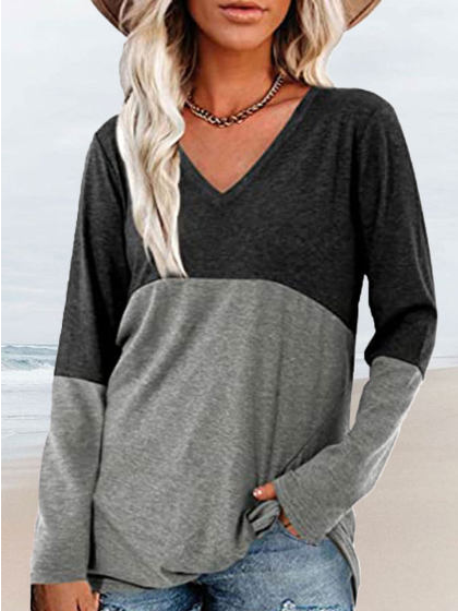 

V Neck Geometric Casual Tops, Black-grey, T-Shirts