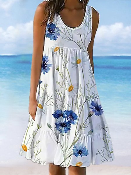 

Vacation Crew Neck Floral Dresses, White, Dresses