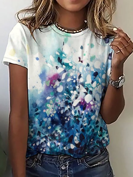 

Casual Abstract Art Printed Crew Neck T-Shirt, As picture, T-shirts