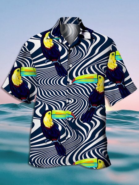 

Men's New Striped Animal Print Casual Short Sleeve Hawaiian Shirt, Deep blue, Men's Floral shirt