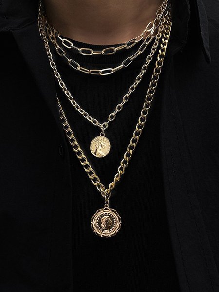 

JFN Coin Hollow Embossed Layered Necklace, Golden, Necklaces