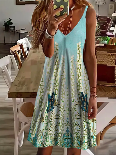 

Floral Butterfly Casual V Neck Sleeveless Dresses, Green, Dresses