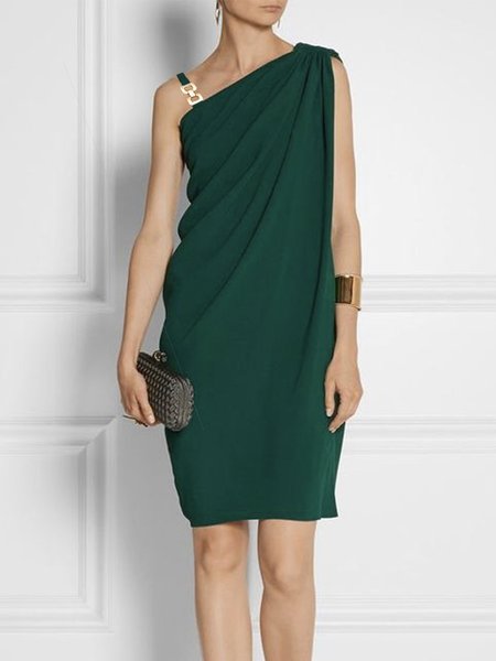 

Elegant Solid Asymmetrical Neck Sleeveless Knee Dress, Green, Midi Dresses