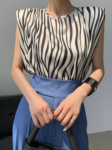 

Elegant Daily Crew Neck Zebra Printed Top, Black, Tops