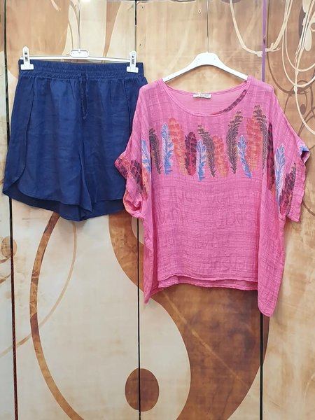 

Plain Elastic Waist Shorts feather hand-painted top loose holiday two piece set plus size, Multicolor, Suit Set