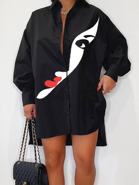 

Summer Mid-weight Long sleeve Simple Shirt Collar Daily Tops, Black, Tops