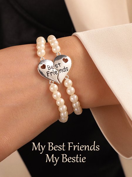 2Pcs Bestfriends Heart Letter Pearl Bracelet Bestie Bracelet, White, Bracelets