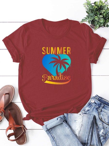 

Summer，Paradise，Loosen Crew Neck T-Shirt, Wine red, T-shirts