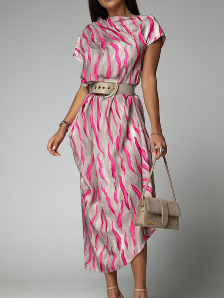 

Summer Asymmetrical Short sleeve Neck Mid-weight Leopard Daily Dresses, Rose red, Midi Dresses