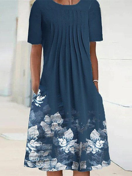 

JFN Crew Neck Floral Printed Casual Midi Dresses, Deep blue, Dresses