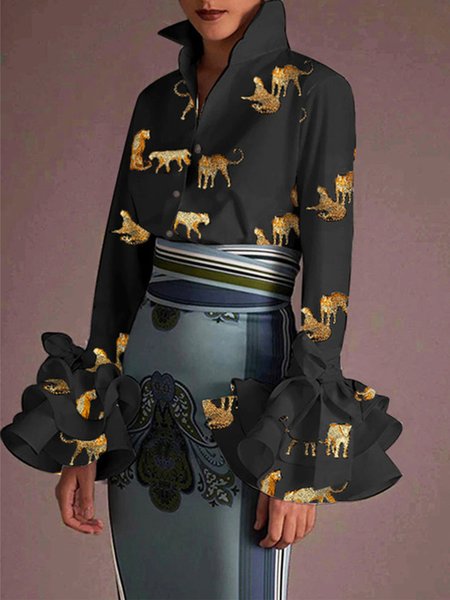 

Elegant Shirt Collar Regular Fit Long Sleeve Blouse, Black, Blouses and Shirts