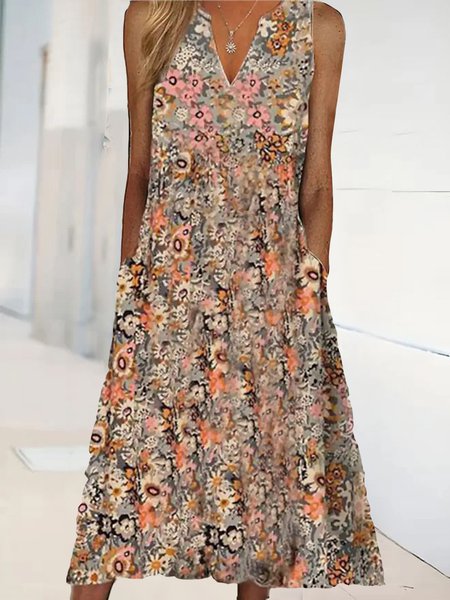 

Pockets Loosen V Neck Floral Dresses, Multicolor, Dresses