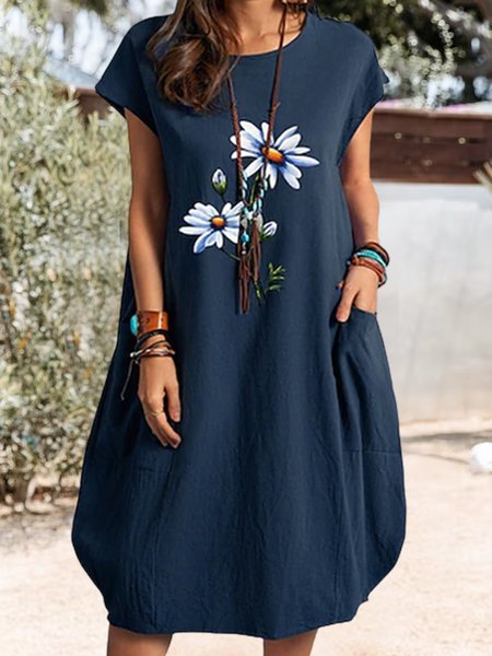 

Vacation Floral Crew Neck Dresses, Blue, Mini Dresses
