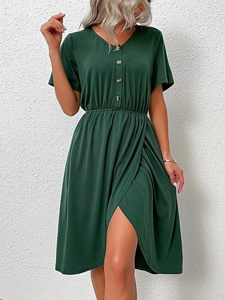 

Basic simple button x elastic waist Holiday midi Dress Plus Size, Green, Dresses