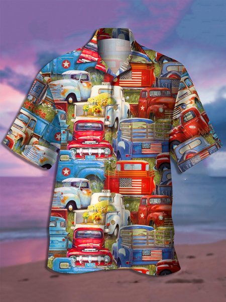 

Retro Car Graphic Men's Casual Short Sleeve Shirt, Red, Men's Floral shirt