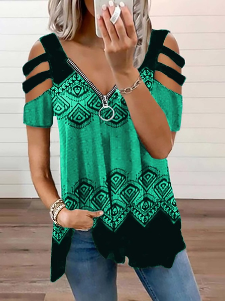 

JFN V Neck Cold Shoulders Tribal Casual Tunic Top, Green, T-Shirts