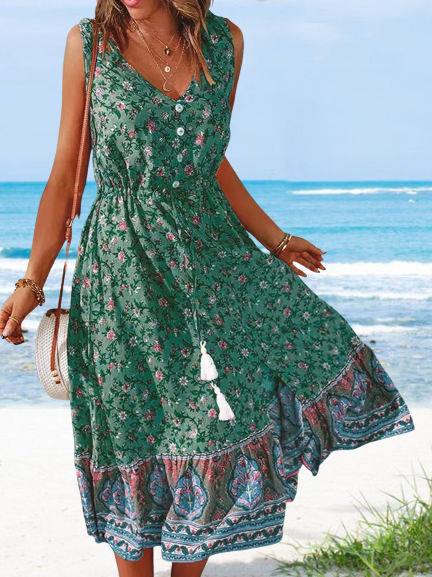 

V Neck Regular Fit Dresses, Green, Midi Dresses
