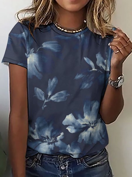 

Casual Vintage Floral Print Crew Neck T-Shirt, As picture, T-shirts
