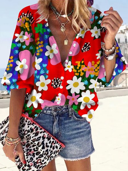 

Colorful flowers loose holiday button top shirt plus size, Multicolor, Shirts & Blouses