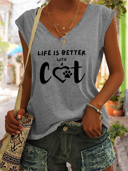 

Lilicloth x Kat8lyst Life Is Better With A Cat V-neck Tank Top, Gray, Tank Tops